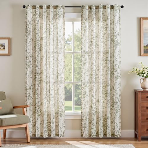 Vintage Floral Linen Curtains 84 Long for Living Room 2 Panels (Green / 42"W x 84"L (Pack of 2))