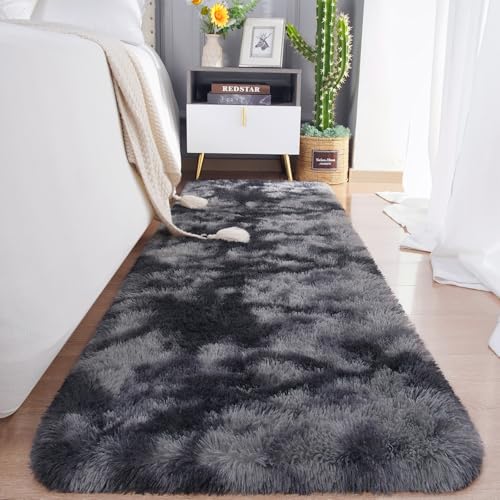 Soft Runner Rugs for Bedroom Living Room Plush Fluffy Rug 2x10 (Grey and Black / 2' x 10' (Runner))