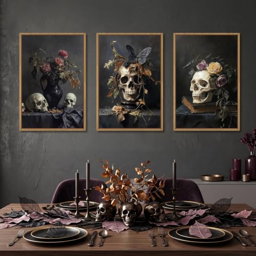 Large Vintage Skull Halloween Floral Framed Canvas Wall Art Set (Skull Halloween Framed Wall Art / 24"L x 16"W)