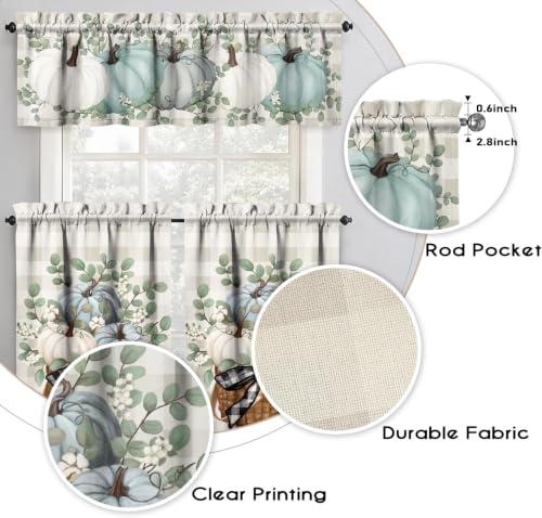 Fall Thanksgiving Kitchen Curtains Valances and Tiers 53 x 18 Inch (Blue / 54"W x 18"L (Pack of 3))