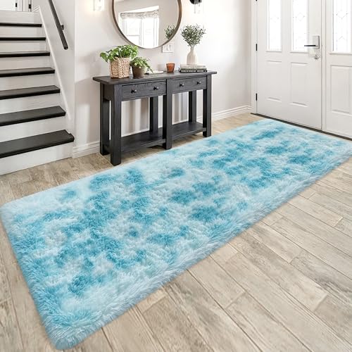 Tie Dyed Sky Blue 3x10 Machine Washable Runner Rugs for Hallway Soft Fluffy Shaggy Bedside Rugs for Bedroom Living Room Indoor Floor Carpet for Kids Girls and Boys Nursery Rooms Home Decor Aesthetic (Tie-dyed Sky Blue / 3' x 10' (Runner))