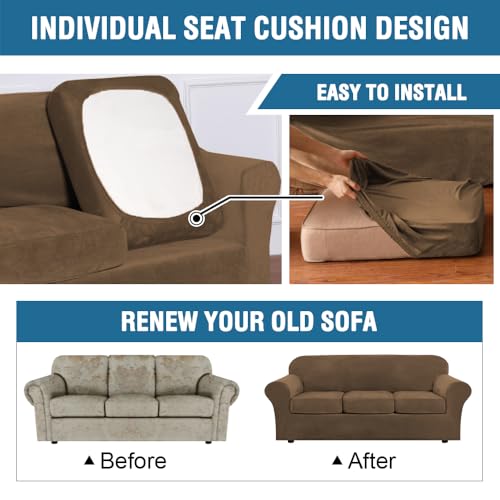 Modern Velvet Plush 4 Piece High Stretch Sofa Slipcover Sofa Cover Furniture Protector Form Fit Thick Velvet Sofa Cover for 3 Cushion Couch Width Up to 90 Inch (3 Cushion Sofa / Bronze Brown)