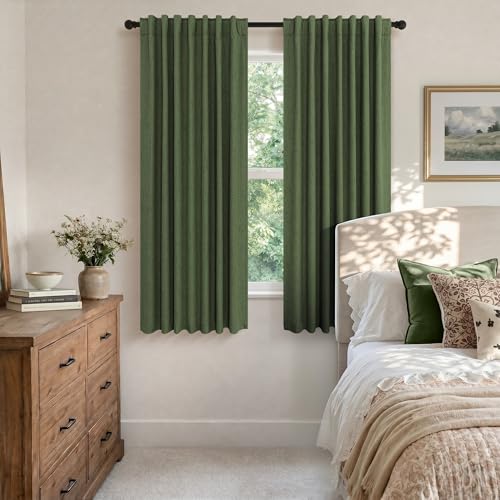Olive Green Blackout Curtains 63 Inch Length 2 Panel for Boys Bedroom Kids Nursery Decorative Linen Room Darkening Grass Forest Green Curtains Sound Draft Cold Heat Light Blocking Retro Vintage (Olive Green / 52"W x 63"L (Pack of 2))
