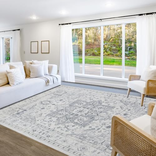 Washable Rugs 5x7 Area Rugs for Living Room (5' x 7' (Rectangular) / Grey/Cream/White/Light Blue)