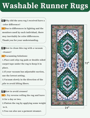 2x6 Washable Non Slip Boho Runner Rug for Hallway (Green White/Multi / 2' x 6' (Runner))