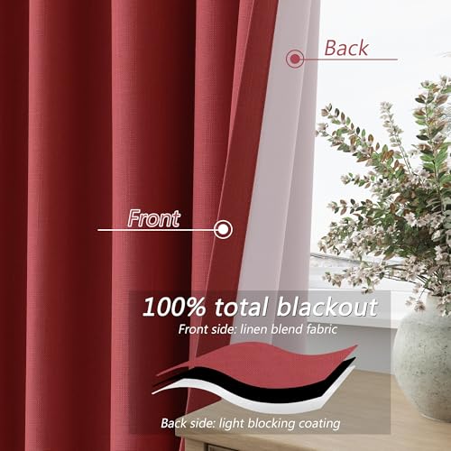 Red 100% Blackout Linen Curtains 84 Inch Length 2 Panels Set for Living Room Bedroom Back Tab (Red / 52"W x 84"L (Pack of 2))