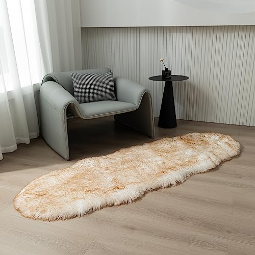 Faux Fur Sheepskin Runner Rug White Yellow 2x6 ft Ultra Soft Shaggy Plush Fluffy Fuzzy Area Carpet Decorative Chair Cover Floor Mat for Bedroom Sofa Living Room Bedside (White and Yellow / 2' x 6' (Runner))