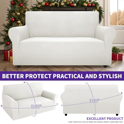 Super Stretch Couch Cover Love Seat Sofa Covers for Living Room Dogs Pet Friendly Furniture Protector Spandex Loveseat Slipcovers with Anti Slip Foam Sticks (White / Medium (57"-70"))