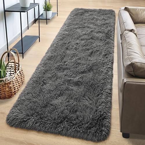 Fluffy Runner Rugs for Bedroom Aesthetic 2x6 Shag Soft Bedside Rug (Dark Grey / 2' X 6' (Runner))