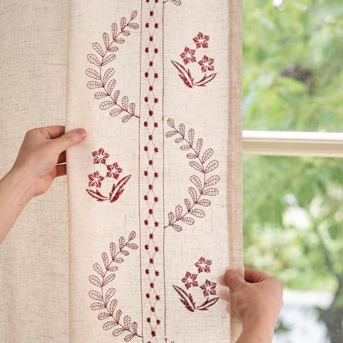 Floral Linen Curtains 63 Inch Farmhouse Back Tab 2 Panels (Red / 50"W x 63"L (Pack of 2))