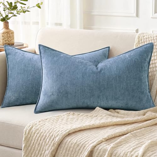 Chenille Blue Grey Velvet Throw Pillow Covers 12x20 Set of 2 (Blue Grey / 20" x 12" (Pack of 2))