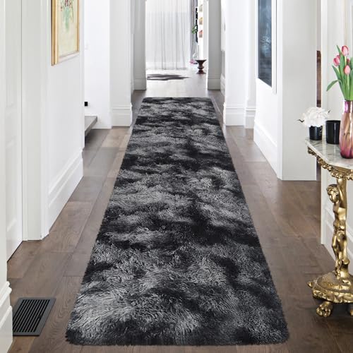Tie Dyed Runner Rug for Bedroom Black Grey 2x8ft Fluffy Area Rug Bedside Runner Rug for Kids Room Boys Teens Nursery Baby Living Room Dorm Home Decor Carpets (Tie-dyed Black Grey / 2' x 8' (Runner))