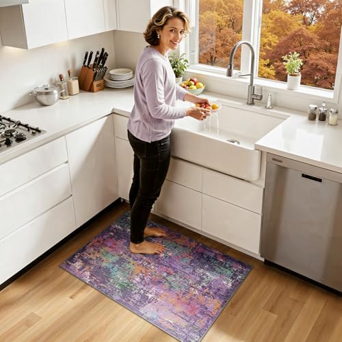 Washable 2'x3' Abstract Area Rug for Living Room Purple Multi (Purple/Orange/Teal/Green/Red / 2' x 3' (Rectangular))