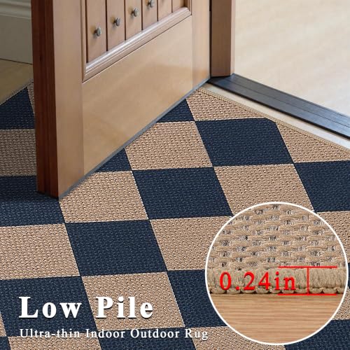 Easy Jute Kitchen Rug 2x3 Front Door Mat Washable Non Slip Entryway Rug Farmhouse Neutral Low Pil Carpet for Entryway Proch Doorway (2'*3'(Rectangular) / Blue/Checkered)