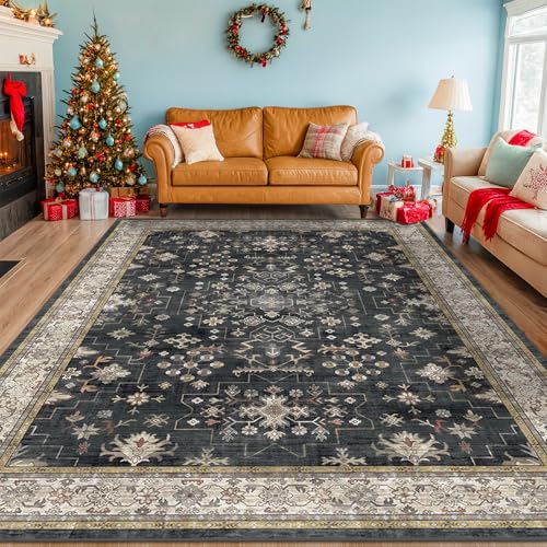 Black Farmhouse Washable 8x10 Area Rugs for Living Room (8' x 10' (Rectangular) / Ashen / Multi)