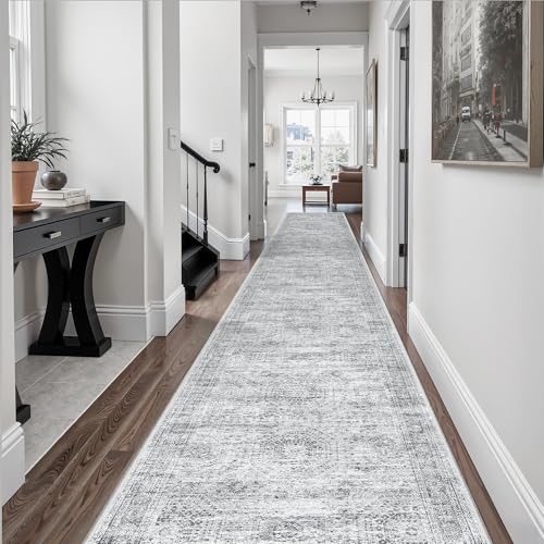 Hallway Runner Rug 2'6" x 16' Washable Long Kitchen Rugs Grey (Grey / 2'6" x 16' (Runner))