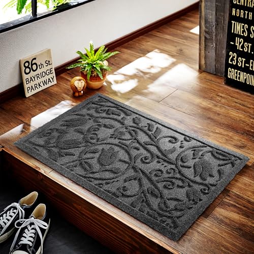 Boho Grey Floral Leaves Outdoor Indoor Entrance Doormats (Tulip-grey / 1'5" x 2'6" (Rectangular))