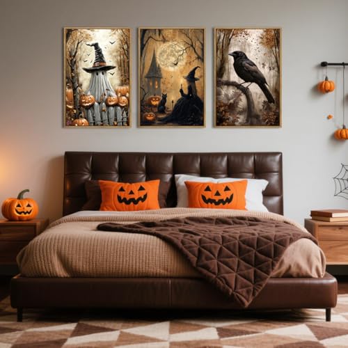 Large Vintage Halloween Wall Art Spooky Ghost Witch Wall Decor Black Cat with Crow Painting 16x24 Inch Set of 3 for Living Room Bedroom (Witch / 24"L x 16"W)
