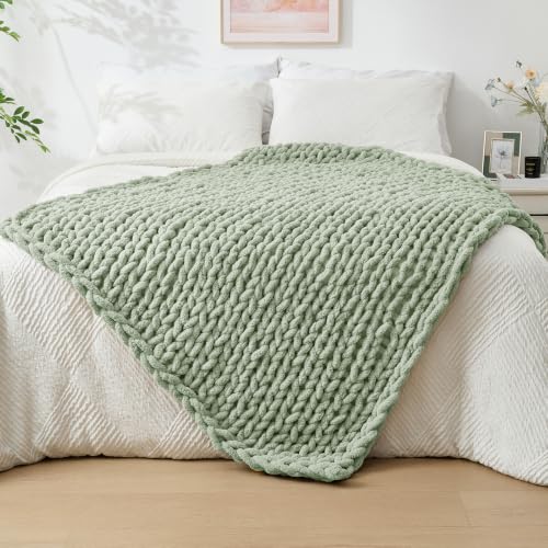 Chunky Knit Throw Blanket for Couch (Sage Green / 40"x60" (Medium Size Throw）)