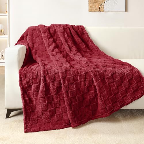 3D Checkered Fleece Throw Blanket for Couch (Burgundy / Throw (50"x60"))