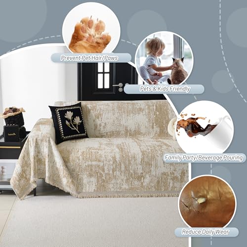 Couch Cover for Dogs Washable Couch Sofa Protector for Loveseat Sofa with Cats Pets Friendly Chenille Khaki Abstract Geometric Sofa Covers Soft Durable Farmhouse Sofa Slipcovers (91" x 118" / 1# Khaki)