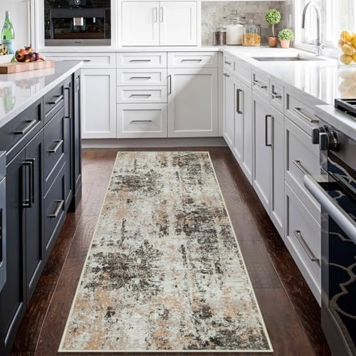 Runner Rugs for Hallways Kitchen 2.6x8 Non Slip Washable Brown Beige (Brown White/Beige / 2'6" x 8' (Rectangular))