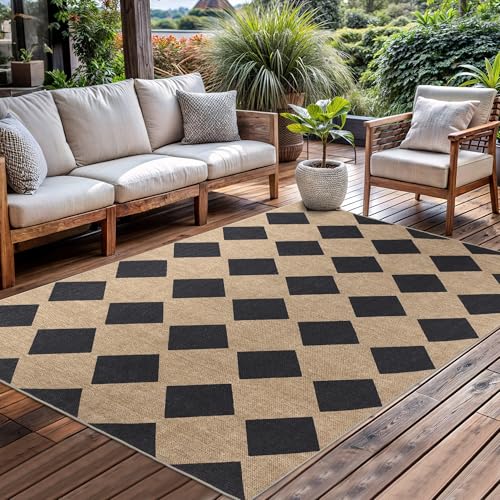 Checkered Easy Jute Rug 6x9 Outdoor Rug Large Washable Area Rugs (6'*9'(Rectangular) / Black/Checkered)