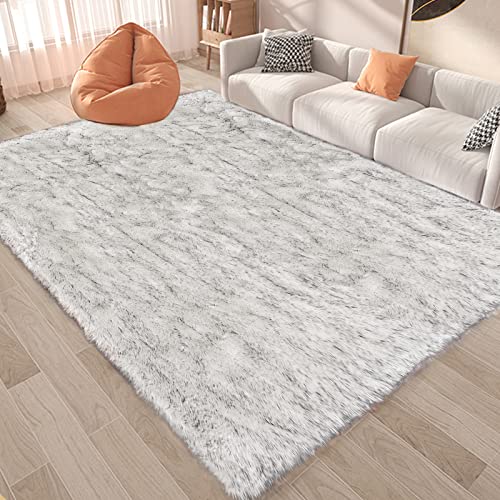6 x 8 Area Rug White with Gray Tips Shag Rugs Large Faux Sheepskin Rug for Living Room Bedroom Washable Fur Fluffy Rugs Home Decor Rectangle (6' x 8' (Rectangular) / White With Grey Tips)