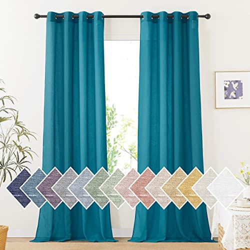 Semi Sheer Curtains Flax Linen Texture (52"W x 96"L (Pack of 2) / Peacock Green)