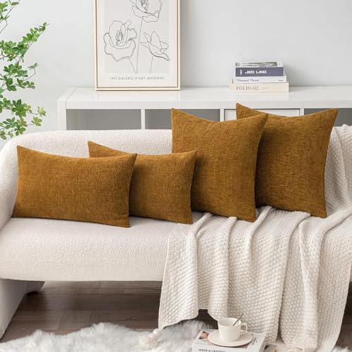 Soft Chenille Lumbar Throw Pillow Covers Mustard 12x20 Pack of 2 (20" x 12" (Pack of 2) / Mustard)