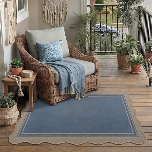 Easy Jute 3x5 Outdoor Scalloped Rug Washable Entryway Rug Blue (3'*5'(Rectangular) / Blue)