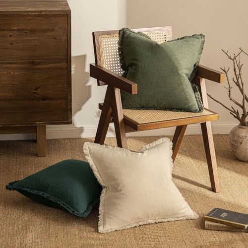 Boho Linen Fringe Decorative Throw Pillow Covers Olive Green 20x20 (20" x 20" (Pack of 2) / Olive Green)