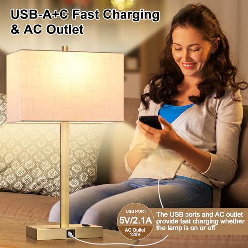 21" Touch Bedside lamps with 2 USB & AC Outlets (White Linen & Brass)