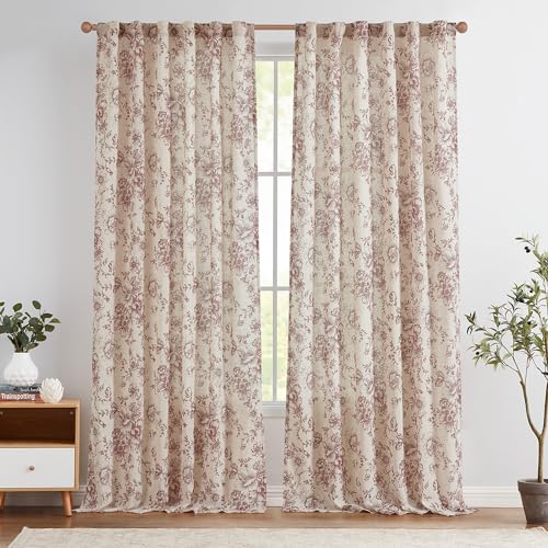Vintage Floral Linen Curtains 108 Long for Living Room 2 Panels (Brick Red / 50"W x 108"L (Pack of 2))