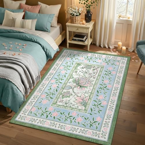 Blue Green Pink 2x3 Door Mat Indoor Rugs for Entryway Provence Small Botanical Grove Cottage core Washable Non (Blue Green Pink / 2' x 3' (Rectangular))