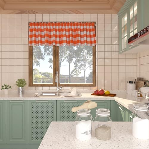 Buffalo Check Plaid Valances Gingham 1 Pack Tiers Rod Pocket Orange and White Farmhouse Short Curtains For Windows Treatment Decor Small Curtains Over Sink For Kitchen (54"W x 16"L (Pack of 1) / Orange and White)