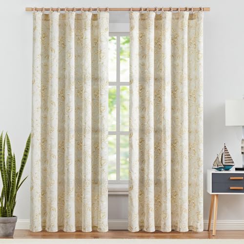 Yellow Floral Linen Curtains 90 Inch Vintage Back Tab 2 Panels (Flower Yellow on White / 50"W x 90"L (Pack of 2))