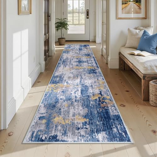 Washable Runner 2'6"x12' Abstract Area Rug for Hallway Blue Gold (Blue/Gold / 2'6" x 12' (Runner))