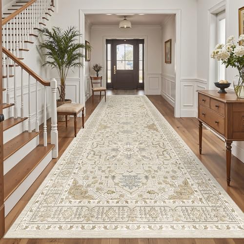 4x12 Wide Hallway Runner Rug Washable for Living Room (Beige/Blue / 4' x 12' (Runner))