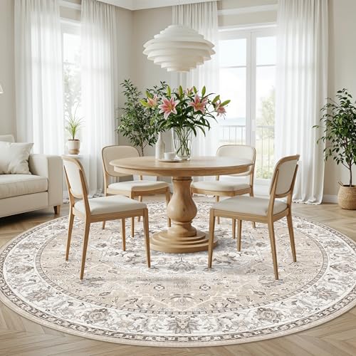 Washable 8ft Round Area Rug (8' (Round) / Beige)