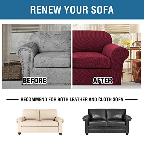 3 Piece Stretch Sofa Covers for 2 Cushion Loveseat Couch Covers for Living Room Furniture Cover (Medium / Burgundy)