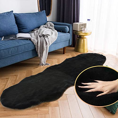 Black Shag Washable Fluffy Fur Area Rugs for Bedroom Living Room Faux Rabbit Fur Nursery Rug 2x6 Cute Shaped Rug Room Décor (2' x 6' (Oblong) / Black)