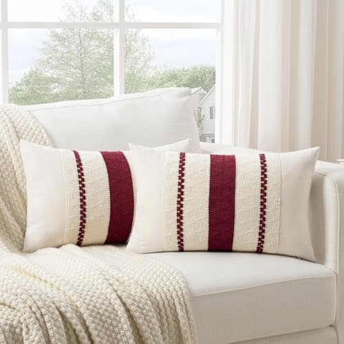 Set of 1 Burgundy Boho Long Lumbar Decorative Throw Pillow Cover 12x20 Inch for Couch Bed Sofa (20" x 12" (Pack of 1) / Burgundy)