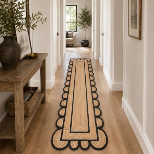 Jute Runner Rug 2.5x20 Ft with Scalloped Border (Black / 2'7" x 20' (Rectangular))
