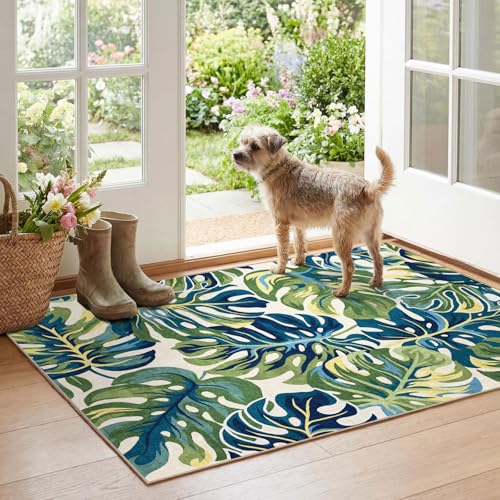 Boho Outdoor Rug (Monstera Leaf - Green Navy / 2'4" x 3'7" (Rectangular))