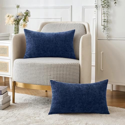 Soft Chenille Lumbar Throw Pillow Covers Navy Blue 12x20 Pack of 2 (20" x 12" (Pack of 2) / Navy Blue)