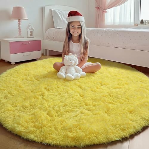 Yellow Fluffy Round Rug Circle Area Rugs 4ft for Girls Kids Teen Bedroom (Yellow / 4' (Round))