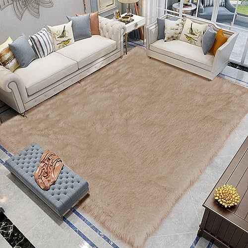 Shag Area Rug 6.7x10 Light Brown Beige Washable Faux Fur Fuzzy Rugs for Living Room Sheepskin Rugs for Bedroom Room Soft Accent Carpet Home Decor Rectangle (6'7" x 10' (Rectangular) / Beige)