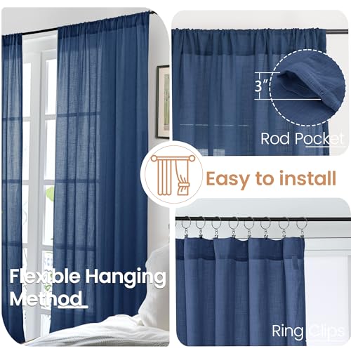 Navy Blue Linen Curtains 48 Inch Length for Windows (Navy / 42"W x 48"L (Pack of 2))