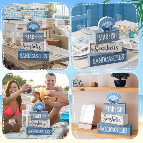 4 Pcs Beach Wooden Signs Table Decor with Shell (Shell Bow)